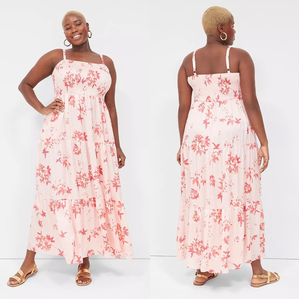 Lane Bryant Sleeveless Tiered Smocked Maxi Dress In Petals Pink Plus Sz 18 Glam
